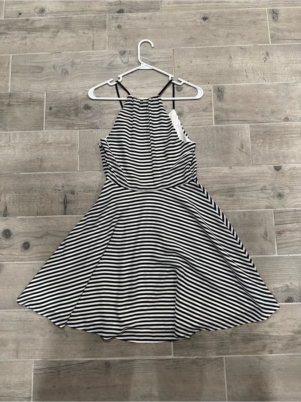 Express Black and White Striped Halter Skater Dress